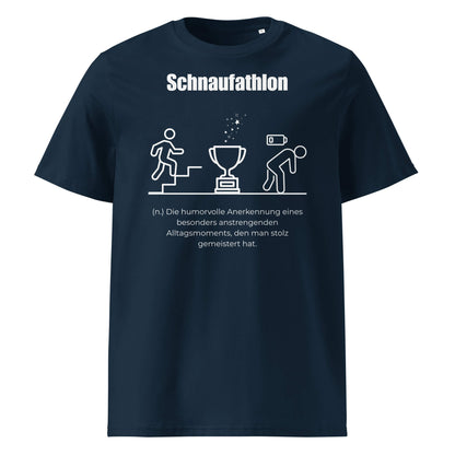 Schnaufathlon Herren T-Shirt in French Navy – weißer Aufdruck, Bio-Baumwolle, maskuliner Schnitt – Wortstolz