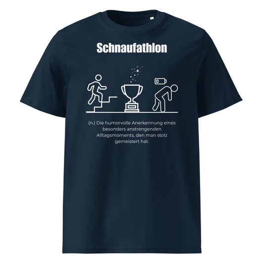 Schnaufathlon Herren T-Shirt in French Navy – weißer Aufdruck, Bio-Baumwolle, maskuliner Schnitt – Wortstolz
