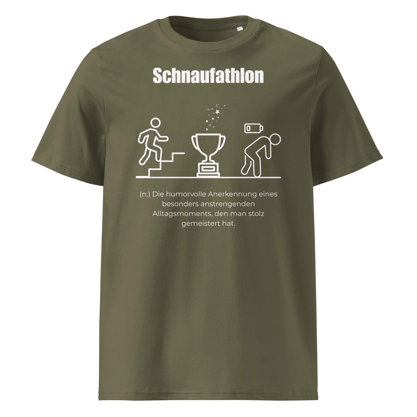 Schnaufathlon Herren T-Shirt in Khaki – weißer Aufdruck, Bio-Baumwolle, maskuliner Schnitt – Wortstolz
