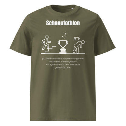 Schnaufathlon Herren T-Shirt in Khaki – weißer Aufdruck, Bio-Baumwolle, maskuliner Schnitt – Wortstolz