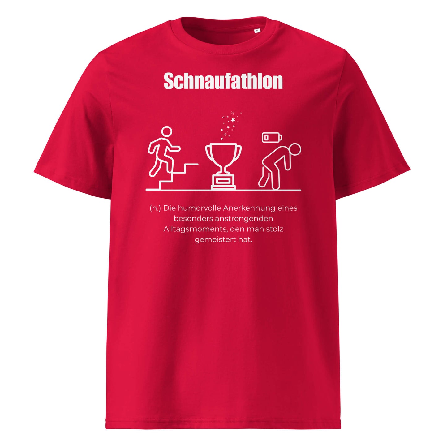 Schnaufathlon Herren T-Shirt in Red – weißer Aufdruck, Bio-Baumwolle, maskuliner Schnitt – Wortstolz