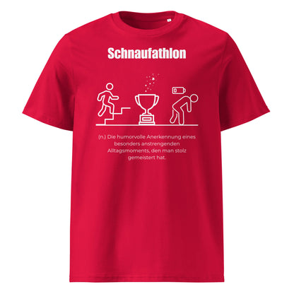 Schnaufathlon Herren T-Shirt in Red – weißer Aufdruck, Bio-Baumwolle, maskuliner Schnitt – Wortstolz