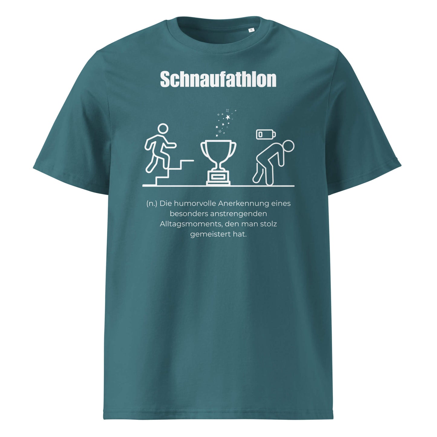 Schnaufathlon Herren T-Shirt in Stargazer – weißer Aufdruck, Bio-Baumwolle, maskuliner Schnitt – Wortstolz