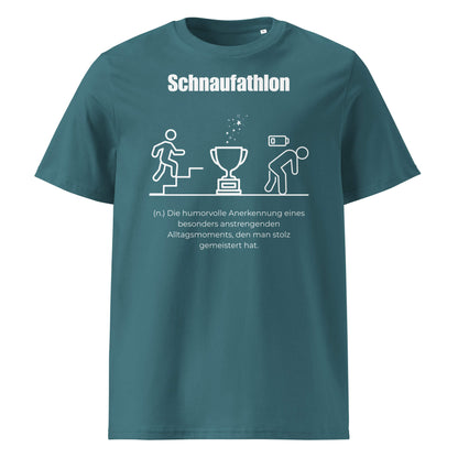 Schnaufathlon Herren T-Shirt in Stargazer – weißer Aufdruck, Bio-Baumwolle, maskuliner Schnitt – Wortstolz