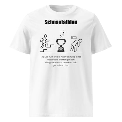 Schnaufathlon Herren T-Shirt in White – schwarzer Aufdruck, Bio-Baumwolle, maskuliner Schnitt – Wortstolz