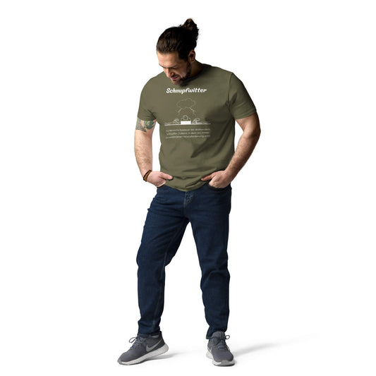 Schnupfwitter Herren T-Shirt in Khaki – schwarzer Aufdruck, Bio-Baumwolle, Model trägt Größe M – Wortstolz