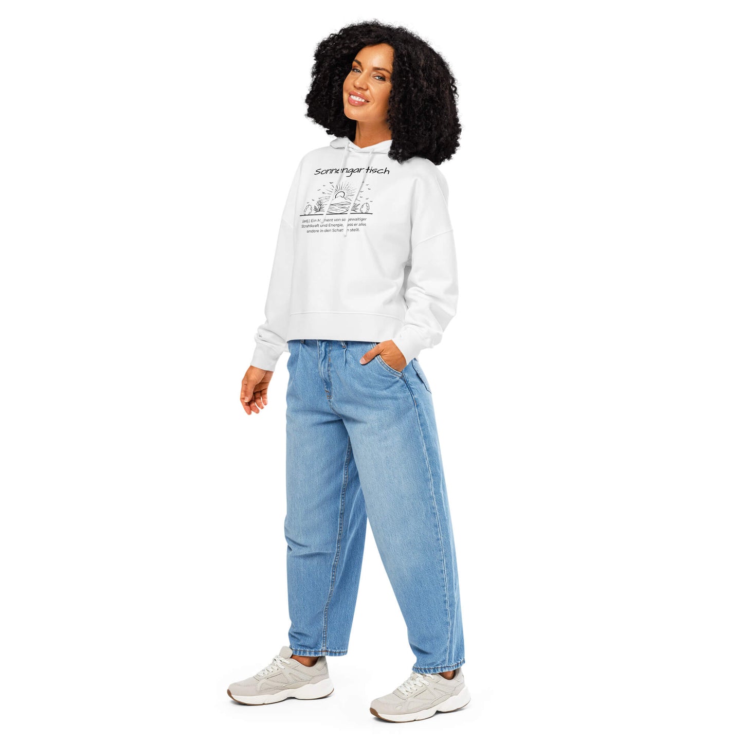 Sonnengantisch Damen Hoodie – White – Model trägt Größe S – Wortstolz