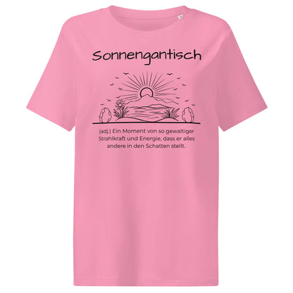 Sonnengantisch Damen T-Shirt in Bubble Pink – schwarzer Aufdruck, Bio-Baumwolle, femininer Schnitt – Wortstolz