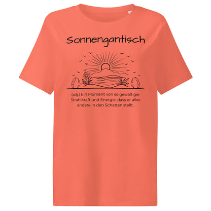 Sonnengantisch Damen T-Shirt in Fiesta – schwarzer Aufdruck, Bio-Baumwolle, femininer Schnitt – Wortstolz