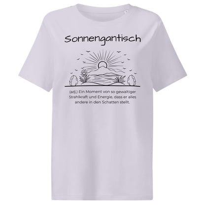 Sonnengantisch Damen T-Shirt in Lavender – schwarzer Aufdruck, Bio-Baumwolle, femininer Schnitt – Wortstolz