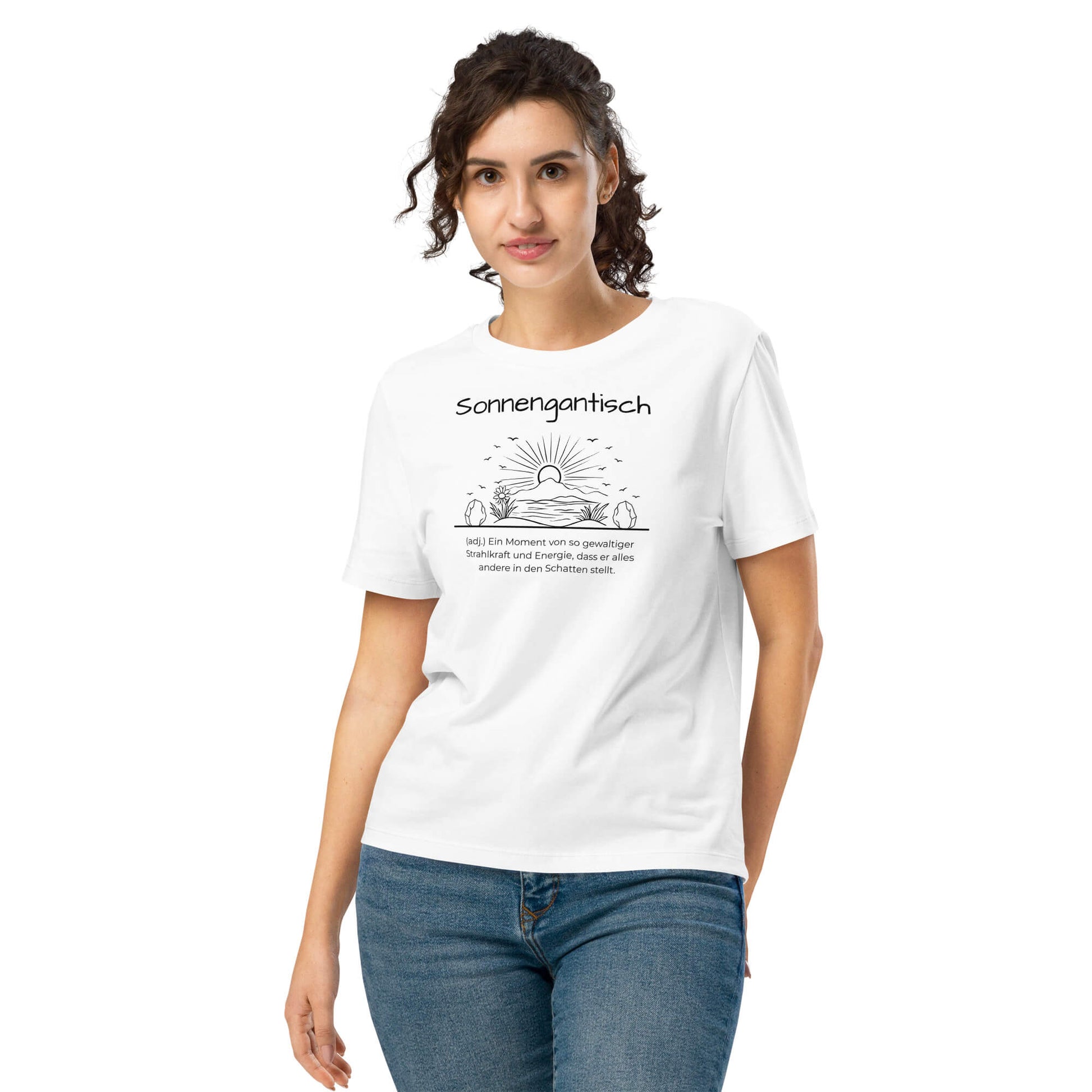 Sonnengantisch Damen T-Shirt – White – Model trägt Größe S – Wortstolz