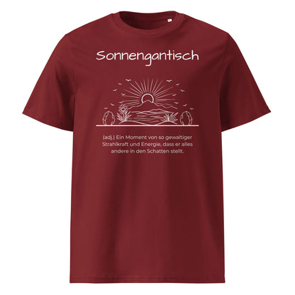 Sonnengantisch Herren T-Shirt in Burgundy – weißer Aufdruck, Bio-Baumwolle, maskuliner Schnitt – Wortstolz