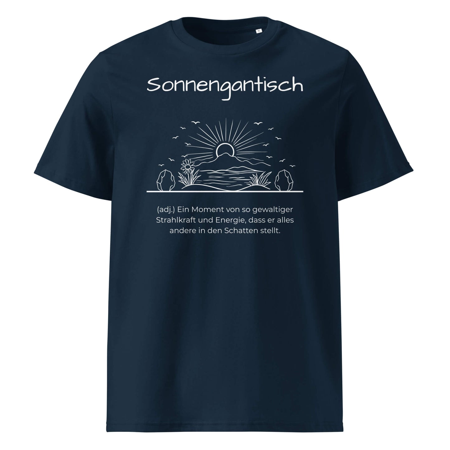 Sonnengantisch Herren T-Shirt in French Navy – weißer Aufdruck, Bio-Baumwolle, maskuliner Schnitt – Wortstolz