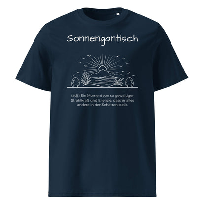 Sonnengantisch Herren T-Shirt in French Navy – weißer Aufdruck, Bio-Baumwolle, maskuliner Schnitt – Wortstolz