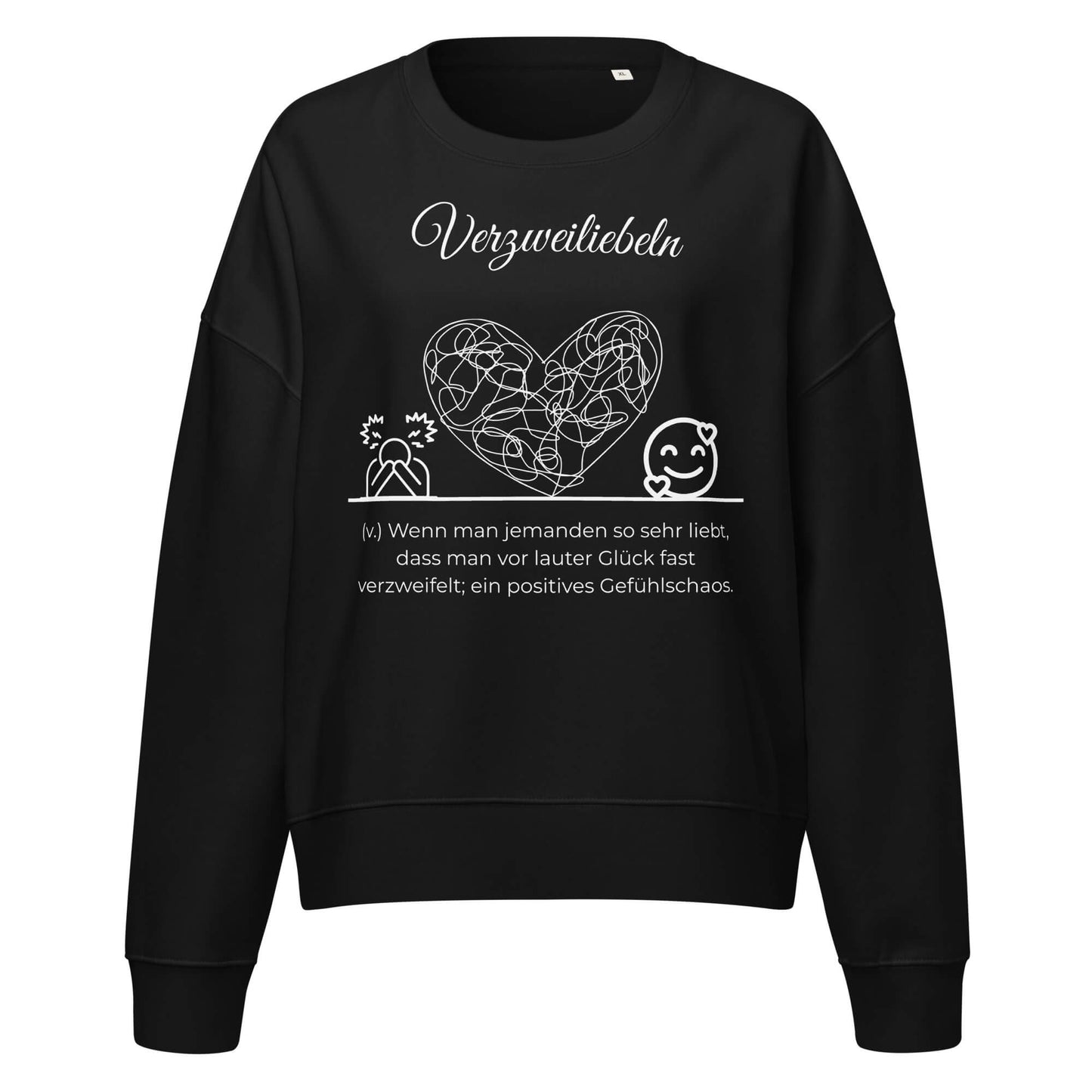 Verzweiliebeln Damen Pullover in Black – weißer Aufdruck, Bio-Baumwolle, femininer Schnitt – Wortstolz