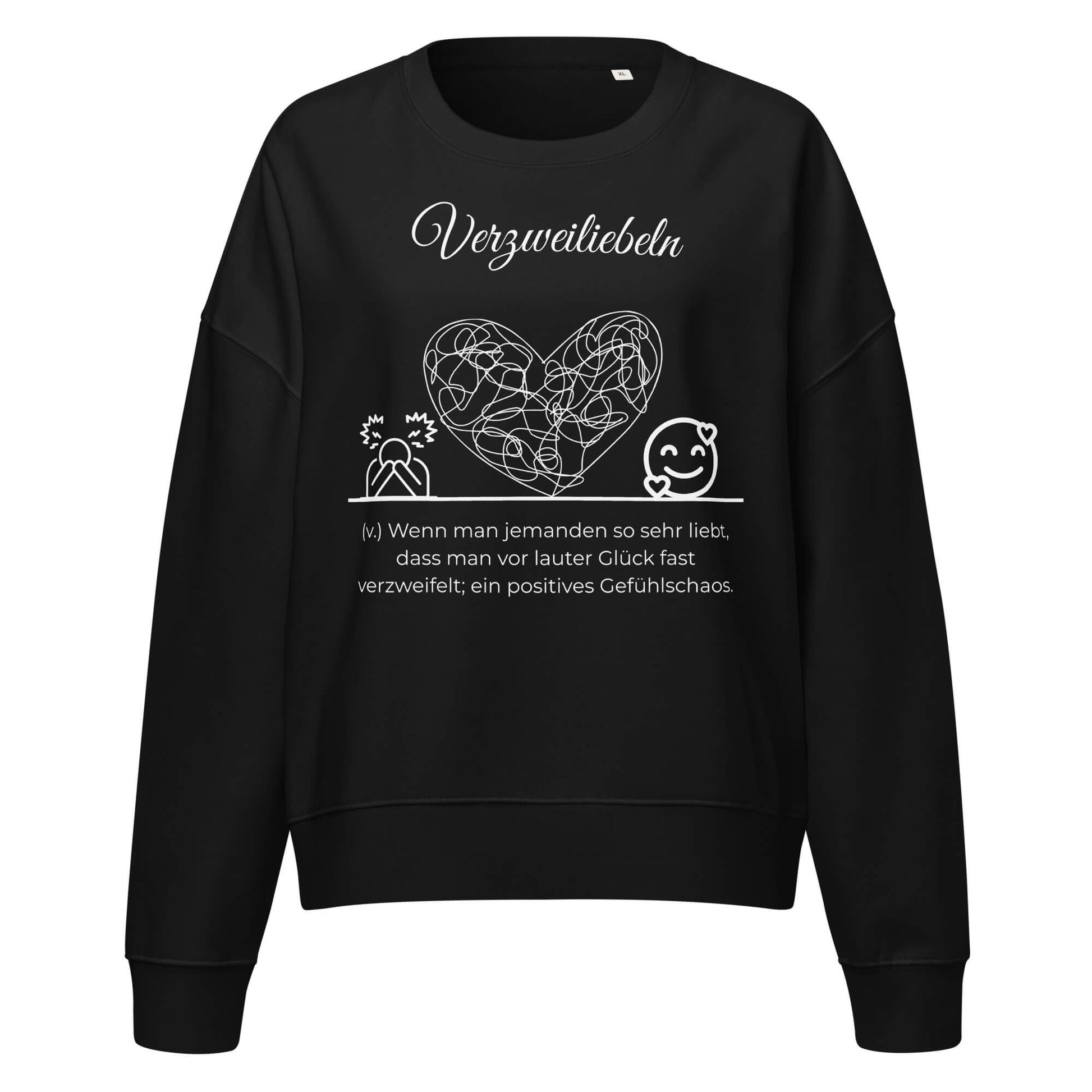 Verzweiliebeln Damen Pullover in Black – weißer Aufdruck, Bio-Baumwolle, femininer Schnitt – Wortstolz