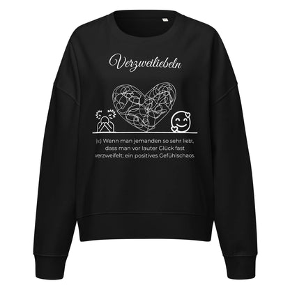 Verzweiliebeln Damen Pullover in Black – weißer Aufdruck, Bio-Baumwolle, femininer Schnitt – Wortstolz