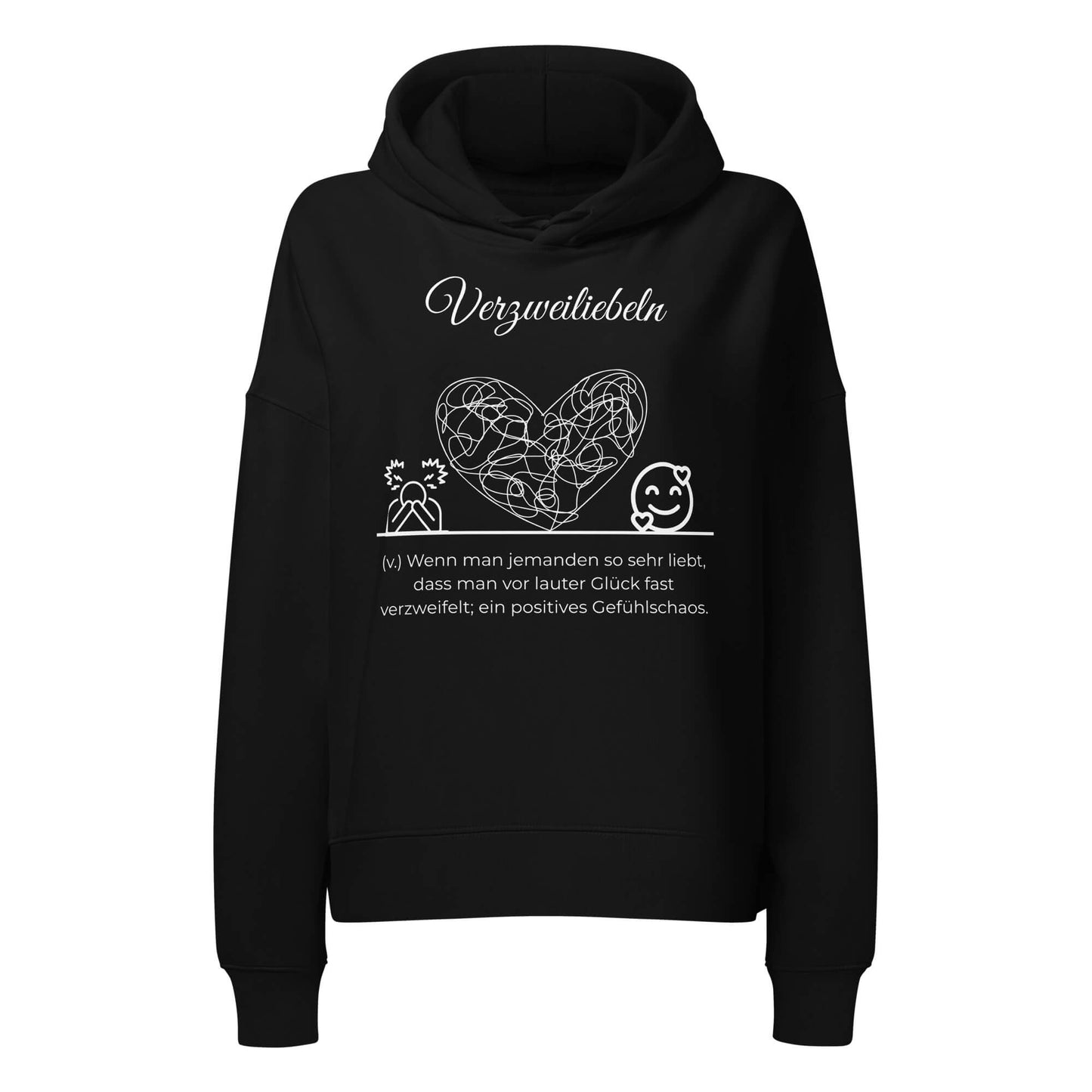 Verzweiliebeln Damen Hoodie in Black – weißer Aufdruck, Bio-Baumwolle, femininer Schnitt – Wortstolz