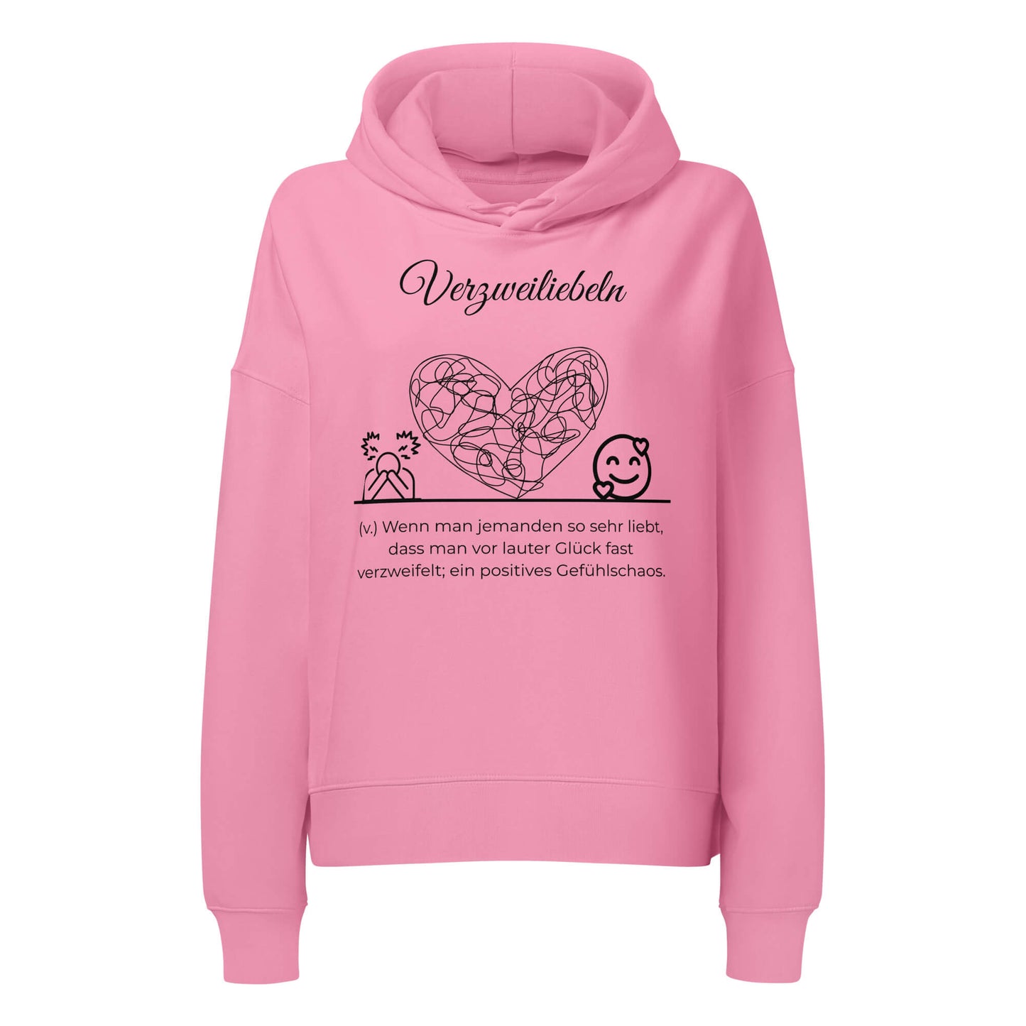 Verzweiliebeln Damen Hoodie in Bubble Pink – schwarzer Aufdruck, Bio-Baumwolle, femininer Schnitt – Wortstolz