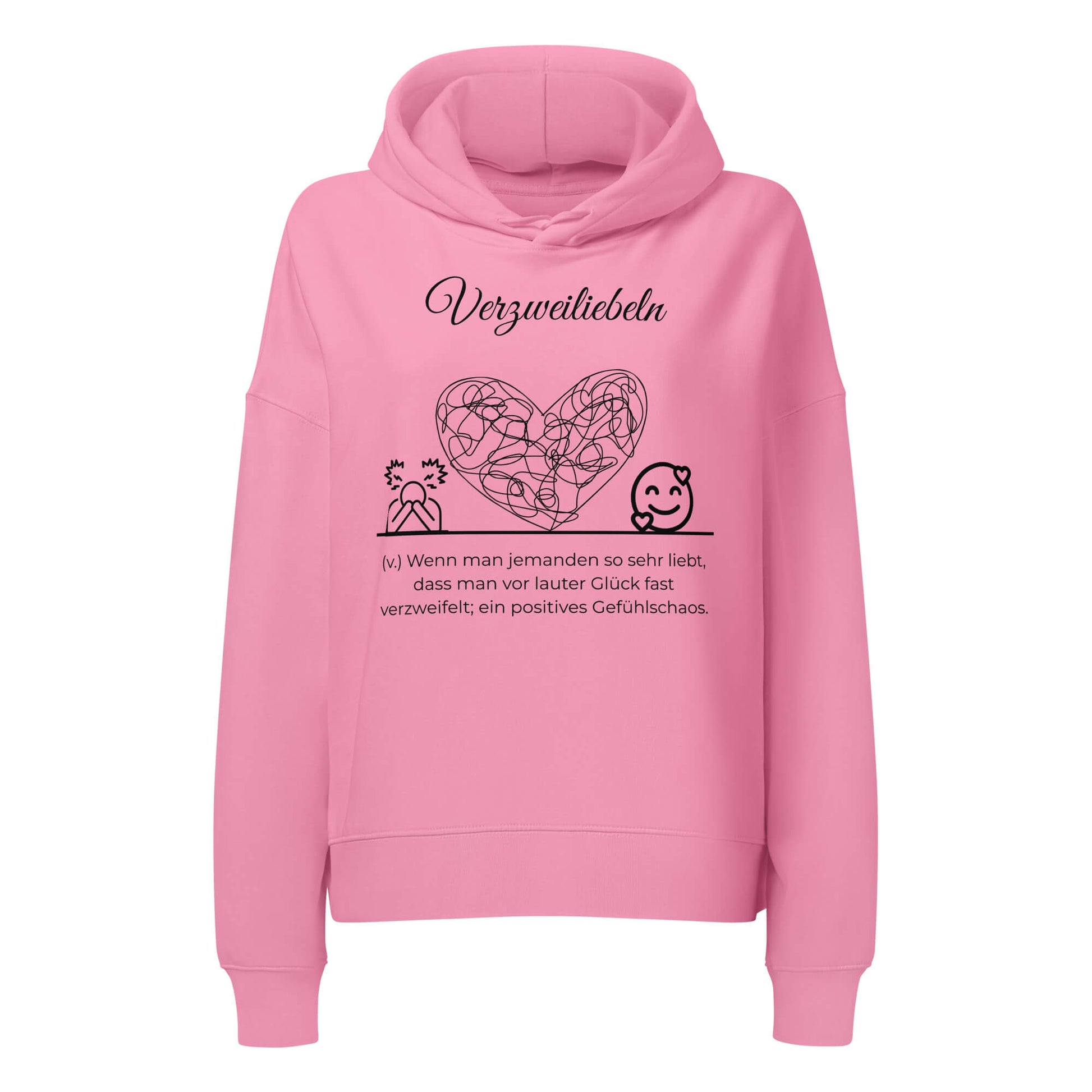 Verzweiliebeln Damen Hoodie in Bubble Pink – schwarzer Aufdruck, Bio-Baumwolle, femininer Schnitt – Wortstolz
