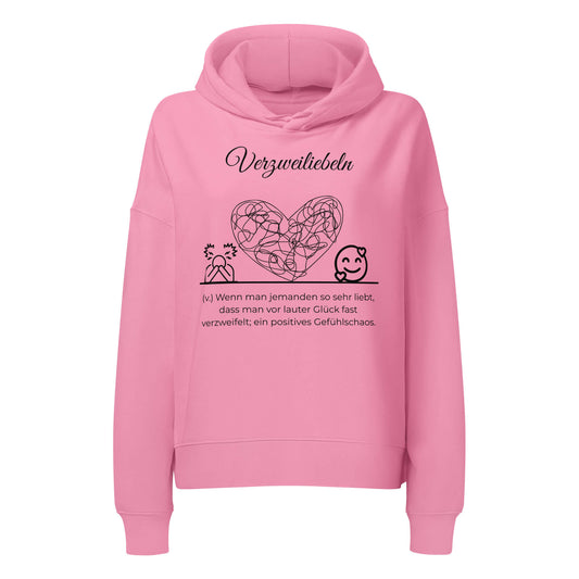 Verzweiliebeln Damen Hoodie in Bubble Pink – schwarzer Aufdruck, Bio-Baumwolle, femininer Schnitt – Wortstolz