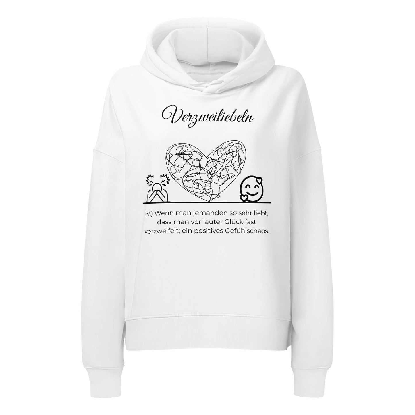 Verzweiliebeln Damen Hoodie in White – schwarzer Aufdruck, Bio-Baumwolle, femininer Schnitt – Wortstolz