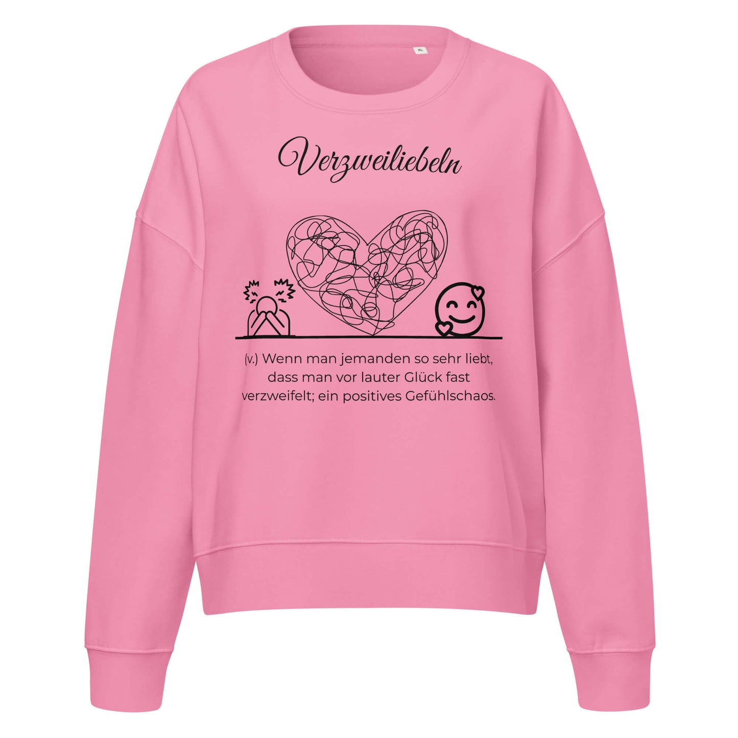 Verzweiliebeln Damen Pullover in Bubble Pink – schwarzer Aufdruck, Bio-Baumwolle, femininer Schnitt – Wortstolz