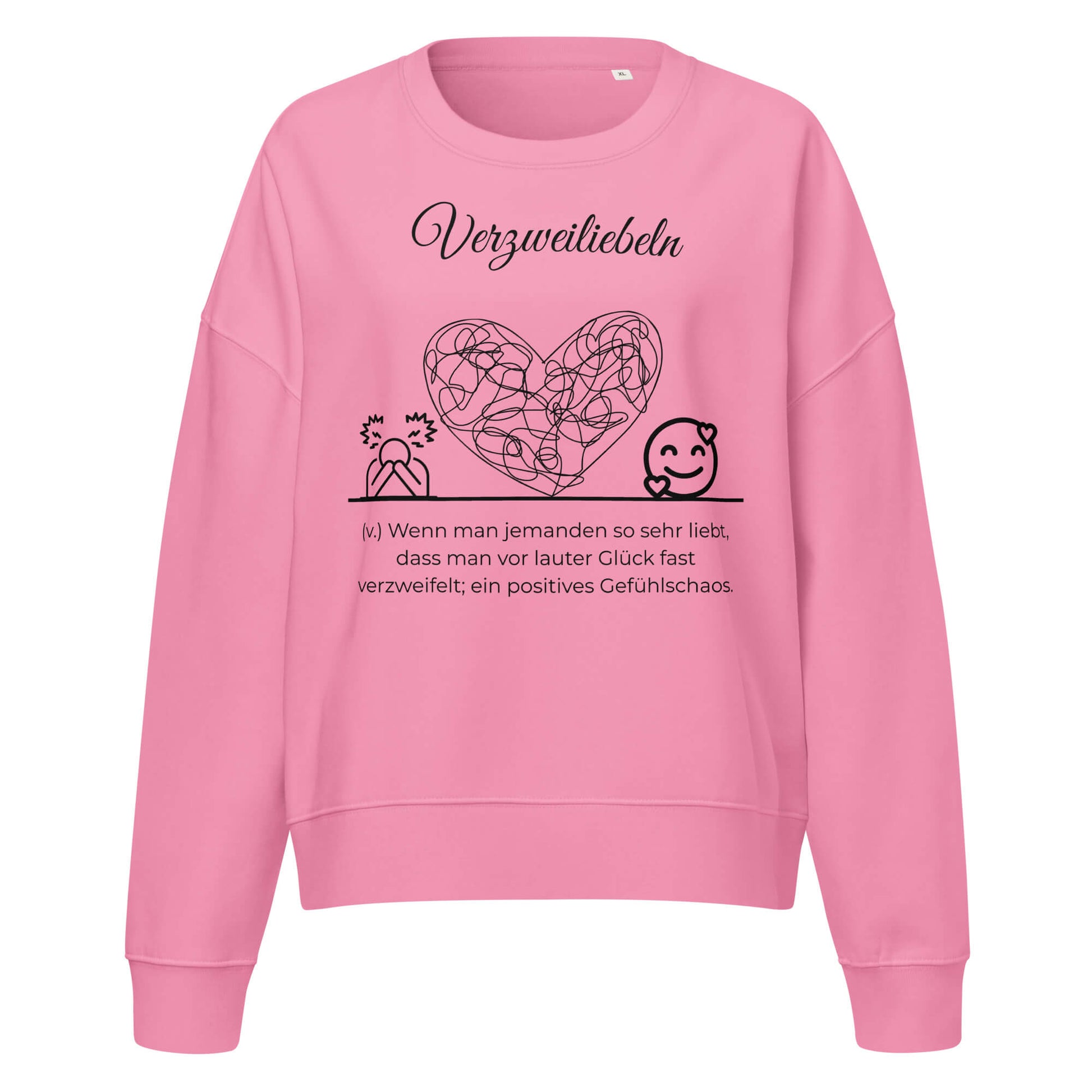 Verzweiliebeln Damen Pullover in Bubble Pink – schwarzer Aufdruck, Bio-Baumwolle, femininer Schnitt – Wortstolz