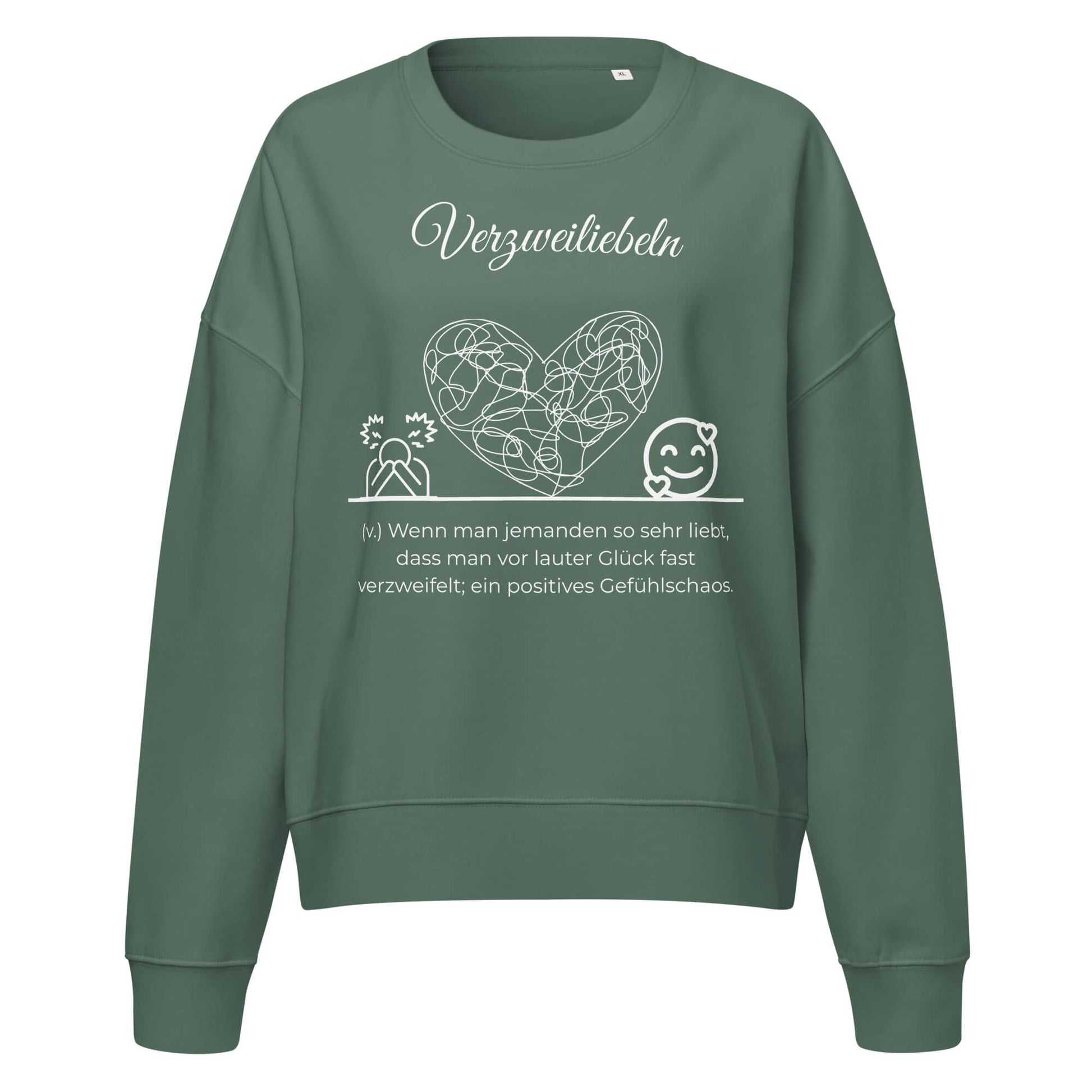 Verzweiliebeln Damen Pullover in Green Bay – weißer Aufdruck, Bio-Baumwolle, femininer Schnitt – Wortstolz