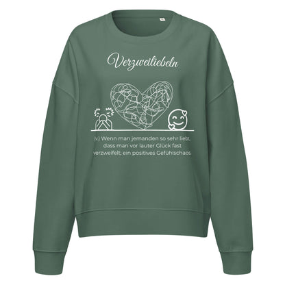 Verzweiliebeln Damen Pullover in Green Bay – weißer Aufdruck, Bio-Baumwolle, femininer Schnitt – Wortstolz