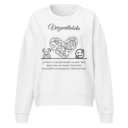 Verzweiliebeln Damen Pullover in White – schwarzer Aufdruck, Bio-Baumwolle, femininer Schnitt – Wortstolz