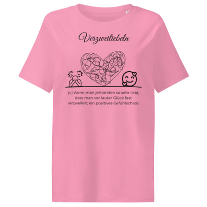 Verzweiliebeln Damen T-Shirt in Bubble Pink – schwarzer Aufdruck, Bio-Baumwolle, femininer Schnitt – Wortstolz