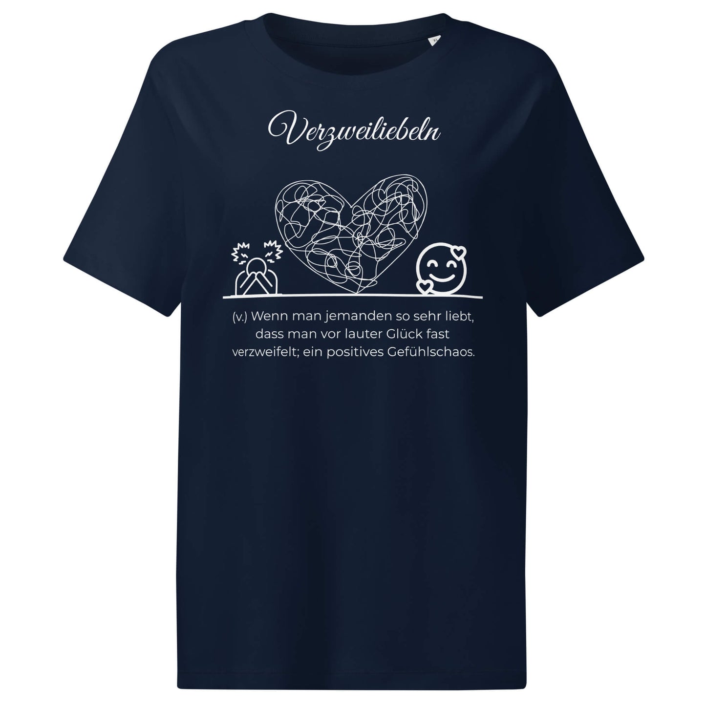 Verzweiliebeln Damen T-Shirt in French Navy – weißer Aufdruck, Bio-Baumwolle, femininer Schnitt – Wortstolz