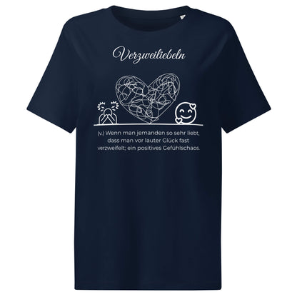 Verzweiliebeln Damen T-Shirt in French Navy – weißer Aufdruck, Bio-Baumwolle, femininer Schnitt – Wortstolz