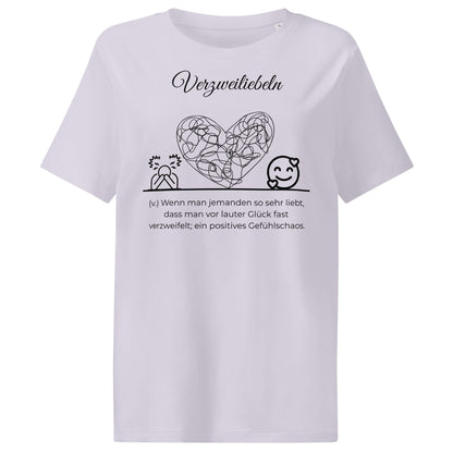 Verzweiliebeln Damen T-Shirt in Lavender – schwarzer Aufdruck, Bio-Baumwolle, femininer Schnitt – Wortstolz