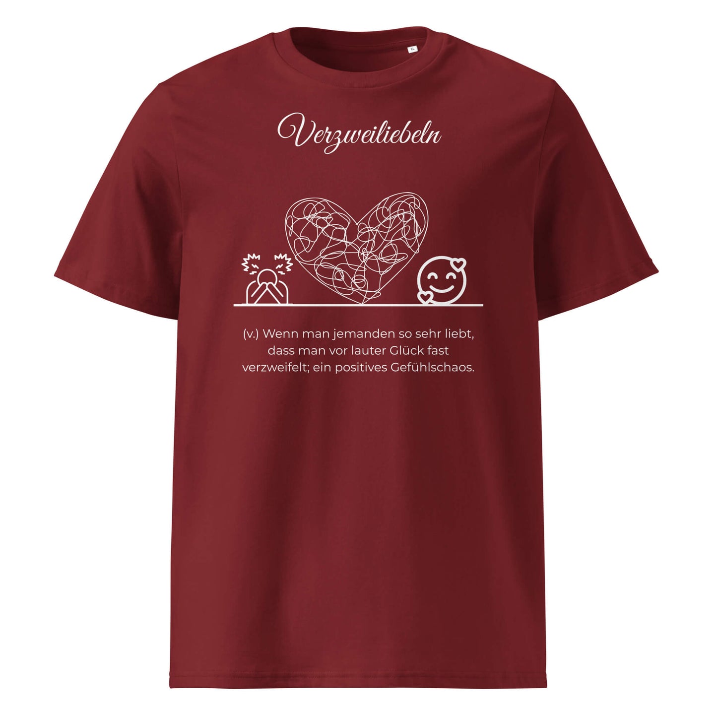 Verzweiliebeln Herren T-Shirt in Burgundy – weißer Aufdruck, Bio-Baumwolle, maskuliner Schnitt – Wortstolz