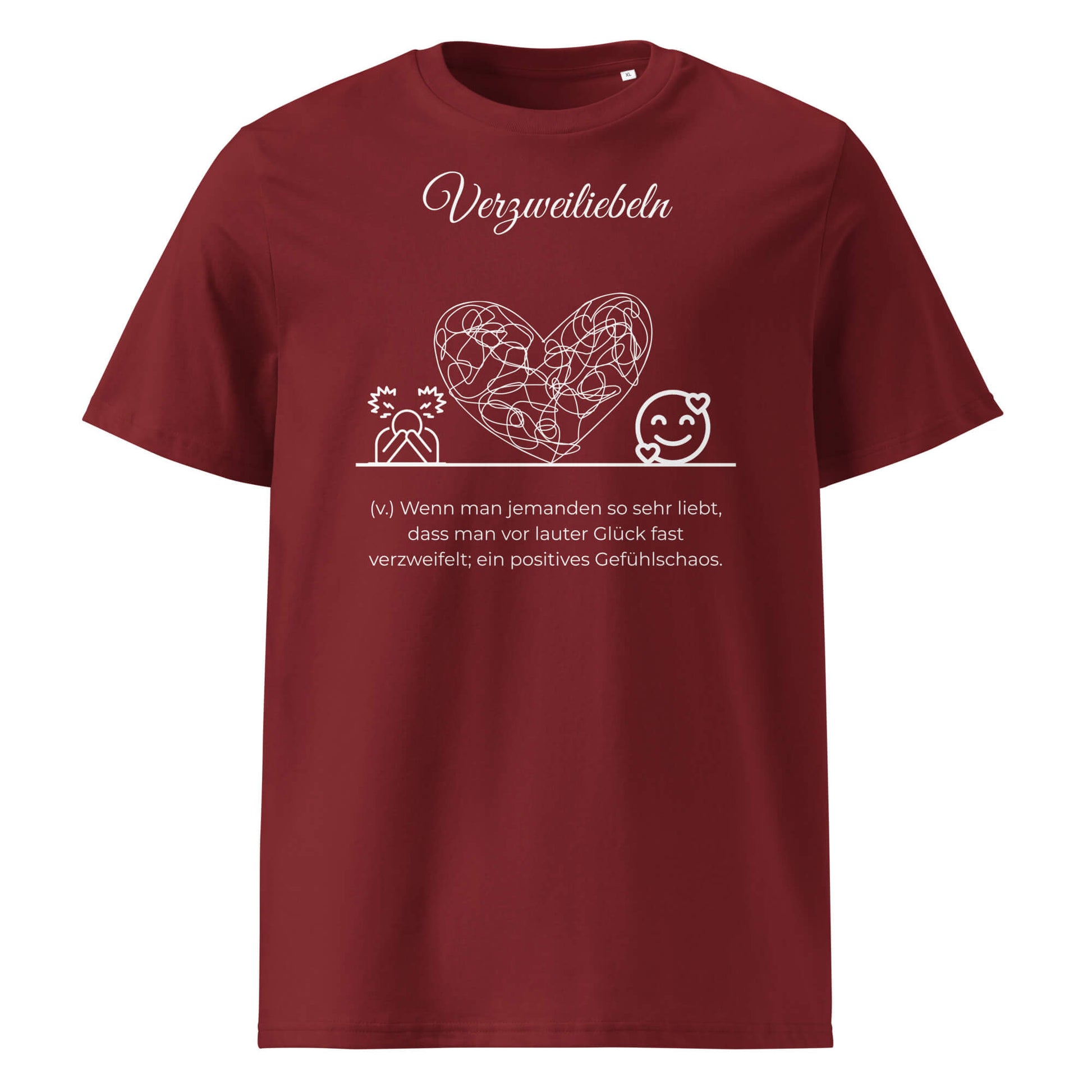 Verzweiliebeln Herren T-Shirt in Burgundy – weißer Aufdruck, Bio-Baumwolle, maskuliner Schnitt – Wortstolz