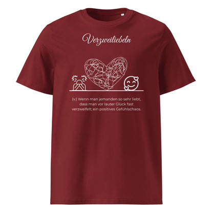 Verzweiliebeln Herren T-Shirt in Burgundy – weißer Aufdruck, Bio-Baumwolle, maskuliner Schnitt – Wortstolz