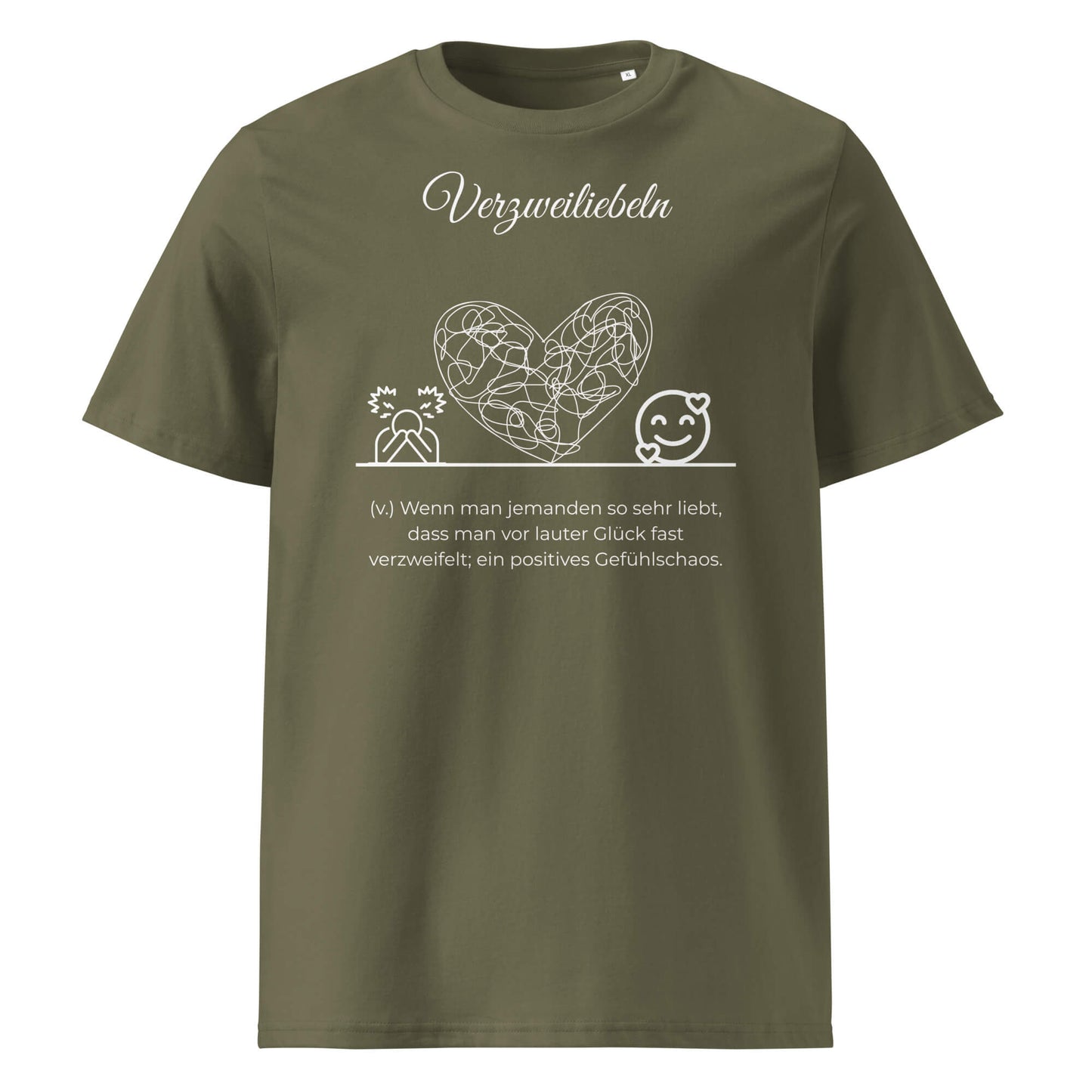 Verzweiliebeln Herren T-Shirt in Khaki – weißer Aufdruck, Bio-Baumwolle, maskuliner Schnitt – Wortstolz