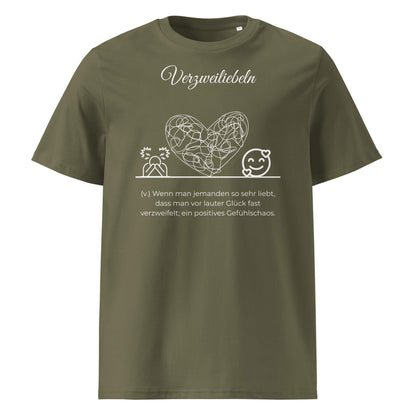 Verzweiliebeln Herren T-Shirt in Khaki – weißer Aufdruck, Bio-Baumwolle, maskuliner Schnitt – Wortstolz