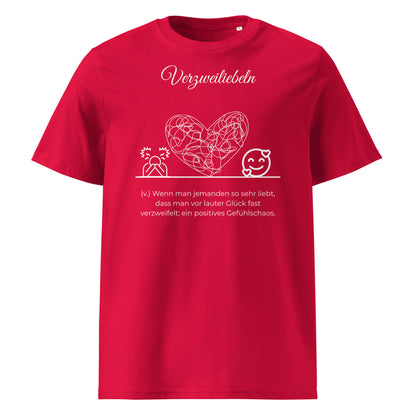 Verzweiliebeln Herren T-Shirt in Red – weißer Aufdruck, Bio-Baumwolle, maskuliner Schnitt – Wortstolz