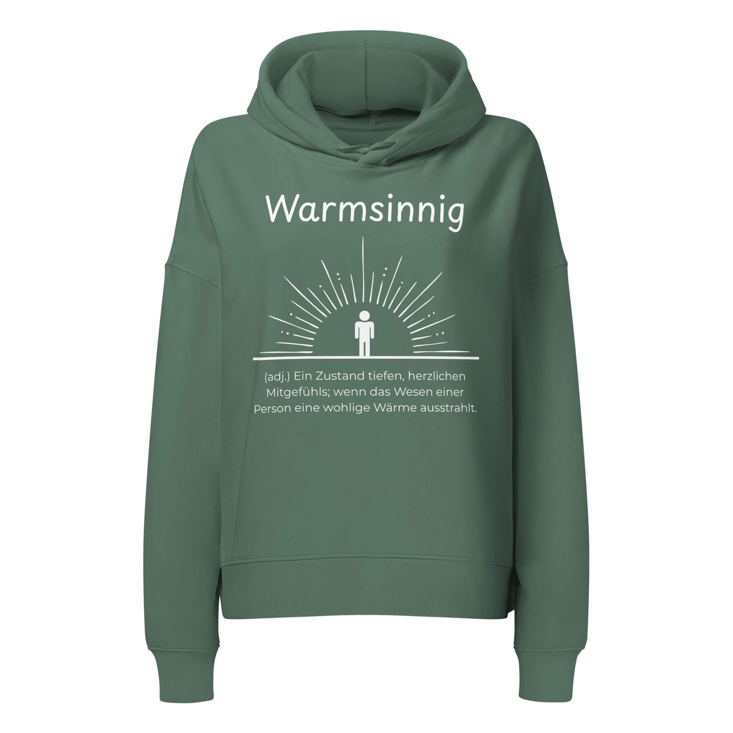 Warmsinnig Damen Hoodie in Green Bay – weißer Aufdruck, Bio-Baumwolle, femininer Schnitt – Wortstolz