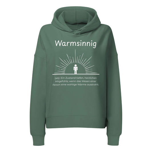 Warmsinnig Damen Hoodie in Green Bay – weißer Aufdruck, Bio-Baumwolle, femininer Schnitt – Wortstolz
