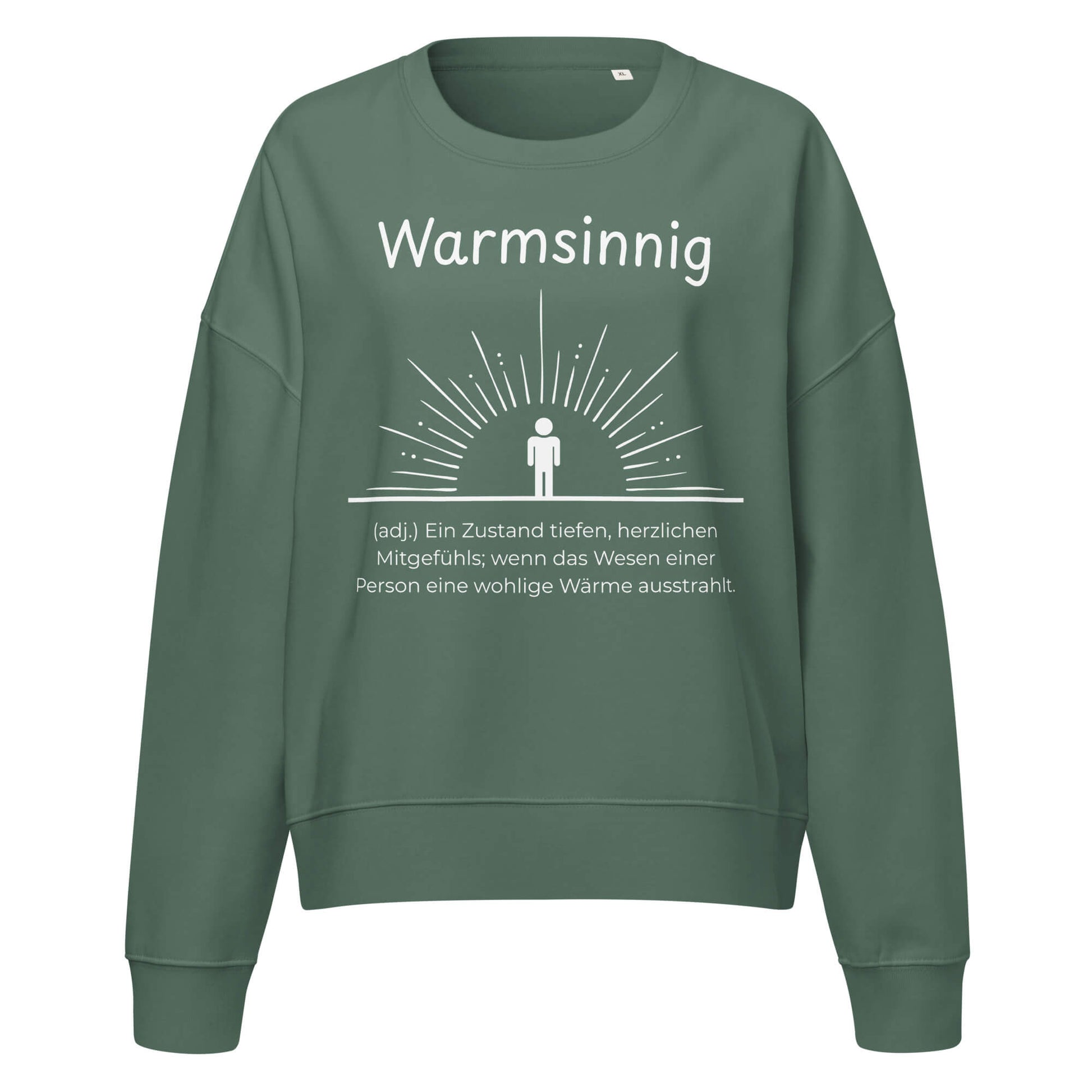 Warmsinnig Damen Pullover in Green Bay – weißer Aufdruck, Bio-Baumwolle, femininer Schnitt – Wortstolz