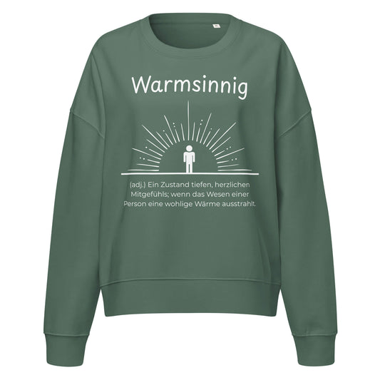 Warmsinnig Damen Pullover in Green Bay – weißer Aufdruck, Bio-Baumwolle, femininer Schnitt – Wortstolz