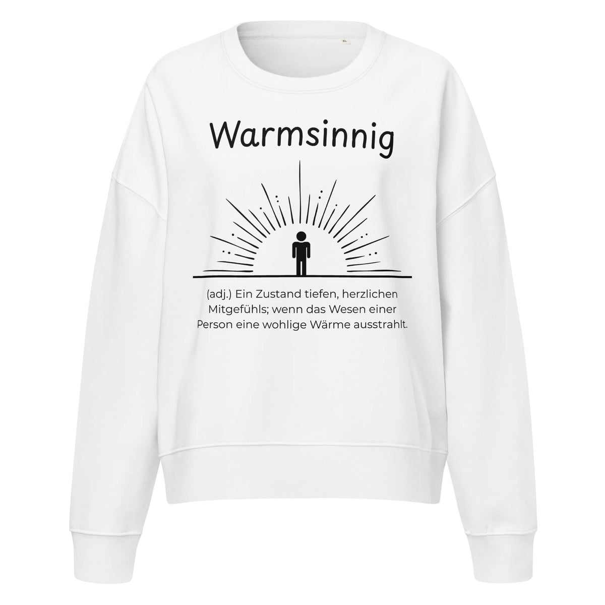 Warmsinnig Damen Pullover in White – schwarzer Aufdruck, Bio-Baumwolle, femininer Schnitt – Wortstolz