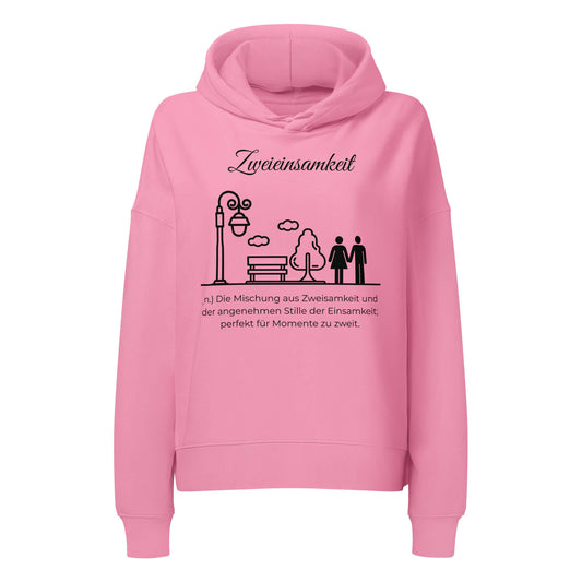 Zweieinsamkeit Damen Hoodie in Bubble Pink – schwarzer Aufdruck, Bio-Baumwolle, femininer Schnitt – Wortstolz