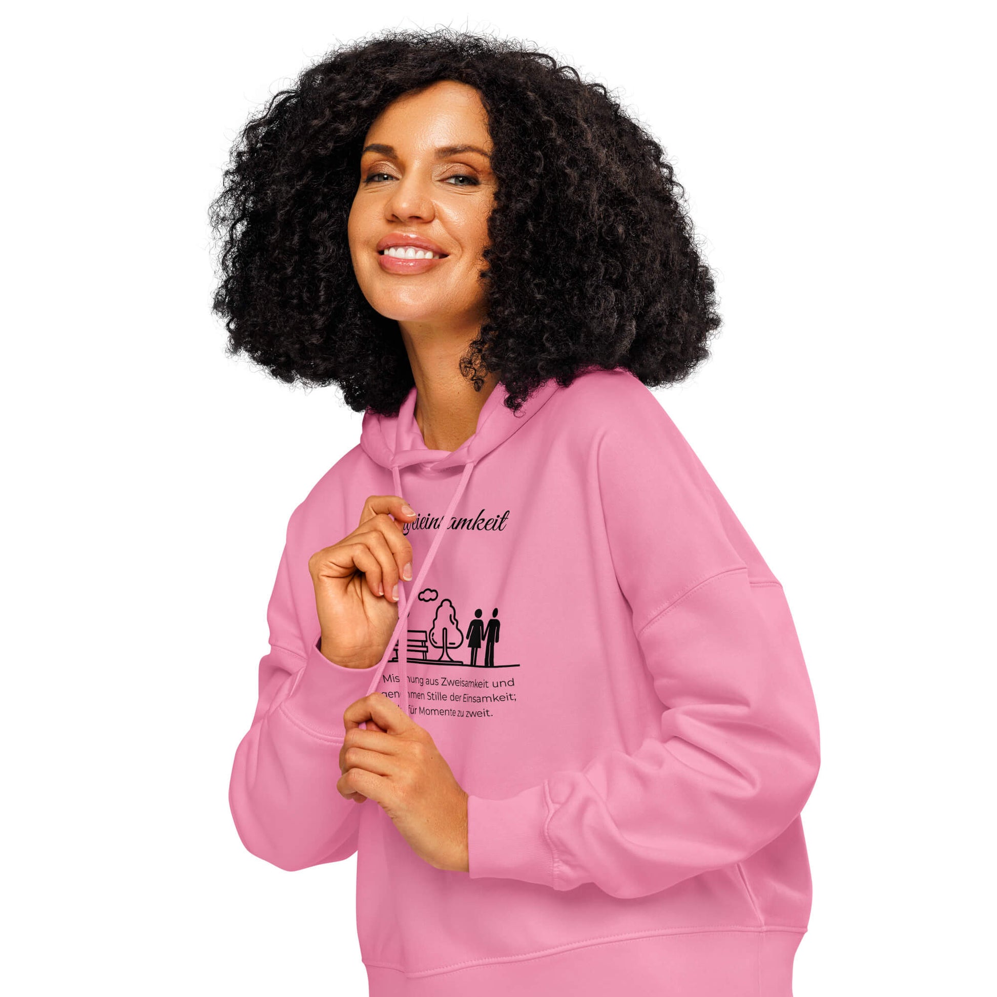 Zweieinsamkeit Damen Hoodie – Bubble Pink – Model trägt Größe S – Wortstolz