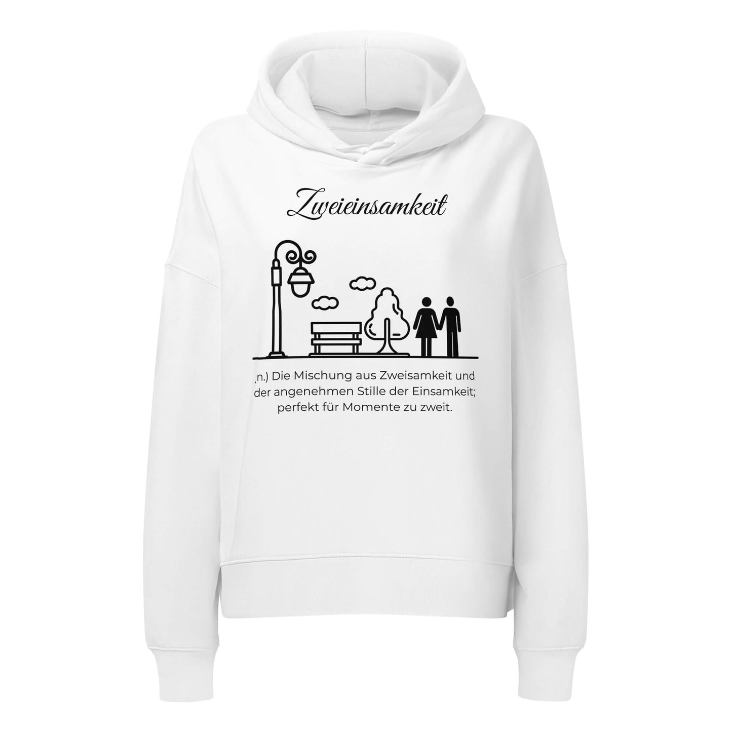 Zweieinsamkeit Damen Hoodie in White – schwarzer Aufdruck, Bio-Baumwolle, femininer Schnitt – Wortstolz