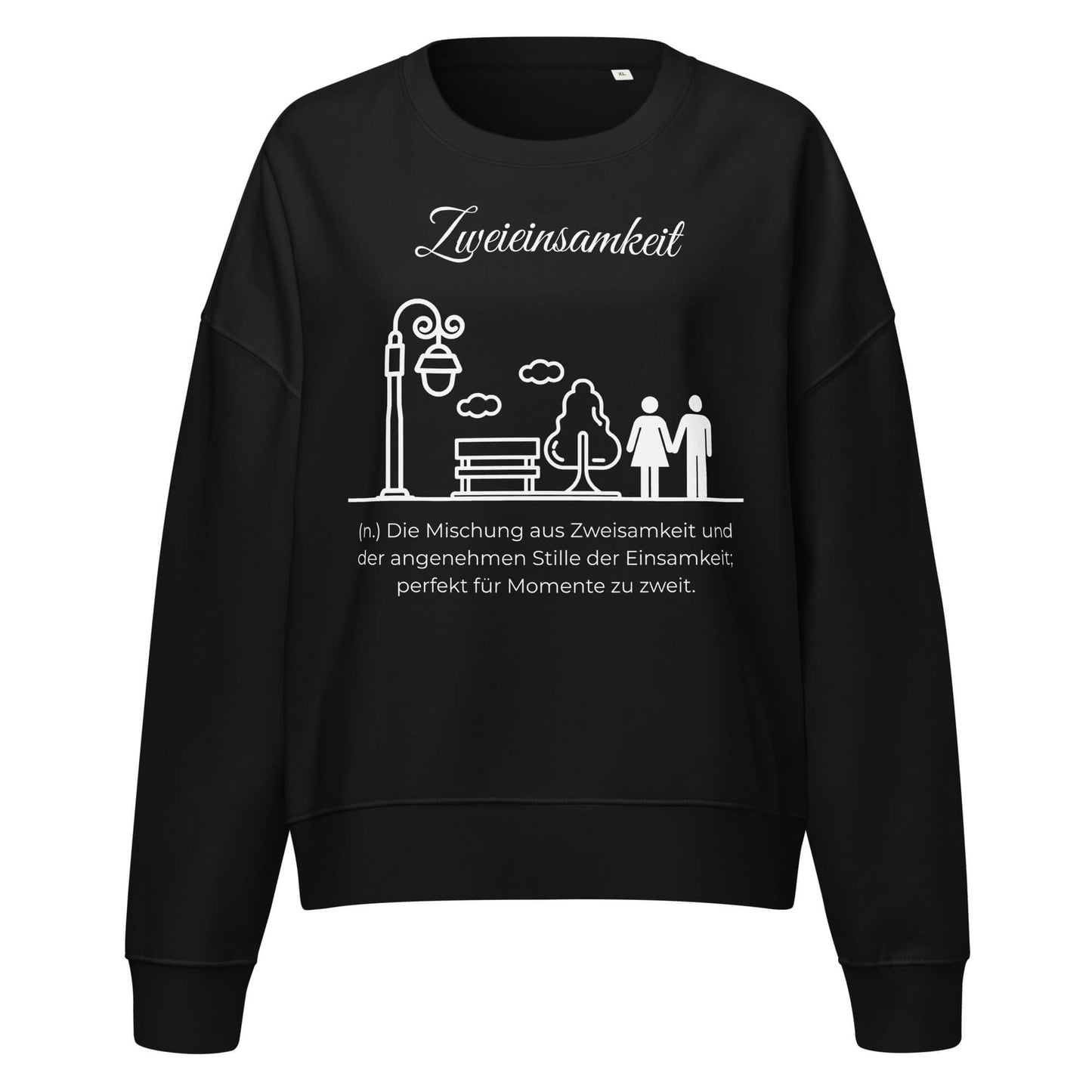 Zweieinsamkeit Damen Pullover in Black – weißer Aufdruck, Bio-Baumwolle, femininer Schnitt – Wortstolz